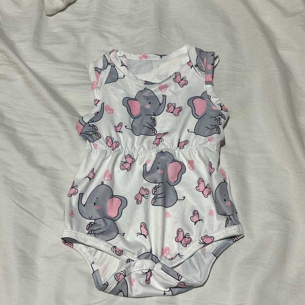 White grey elephant romper 3/6M unattached tie waste for bow or decoration nwot